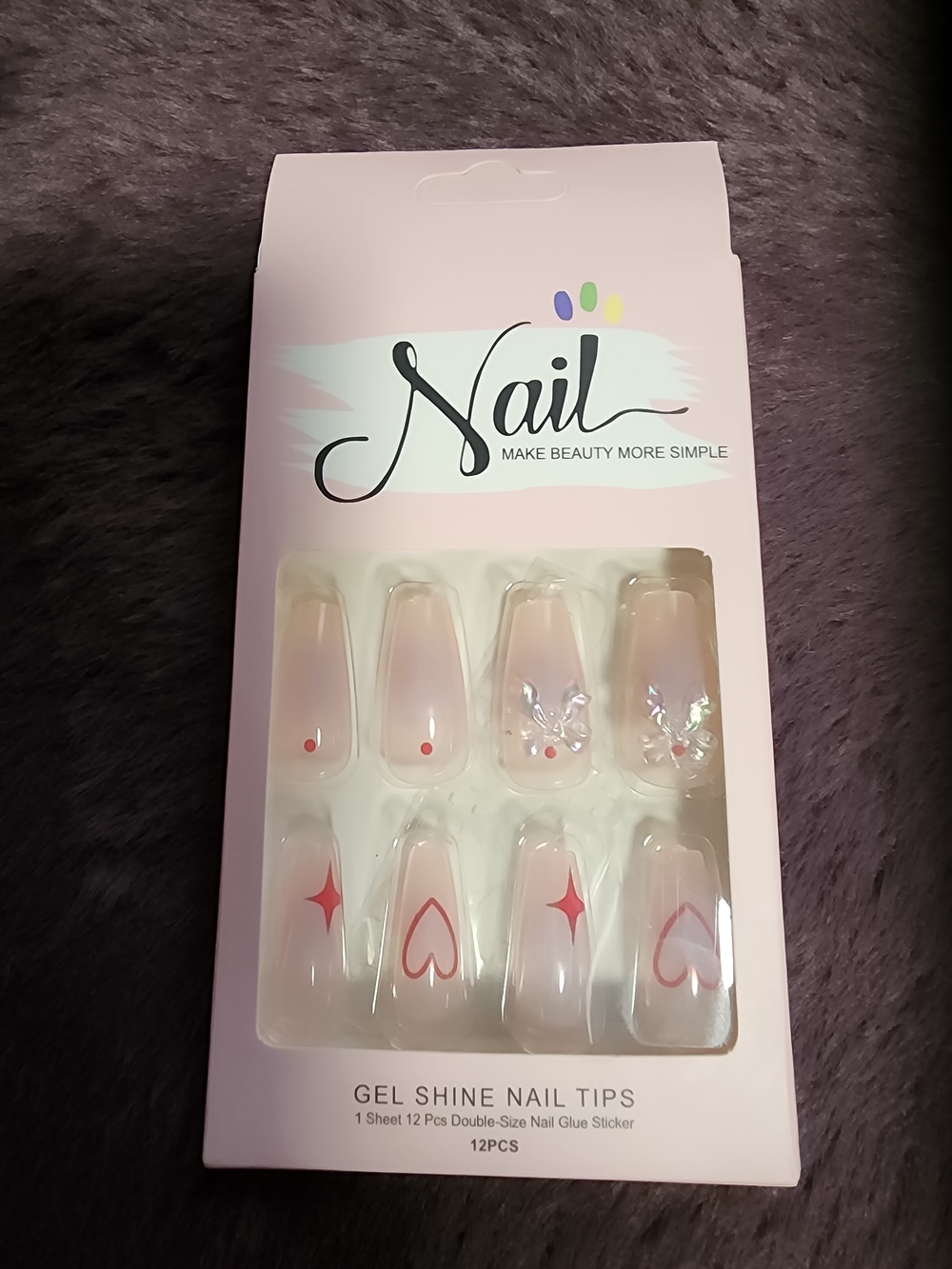 NIB $6 Press On Tips Gel Shine Pink Heart & Star 12 Pcs.